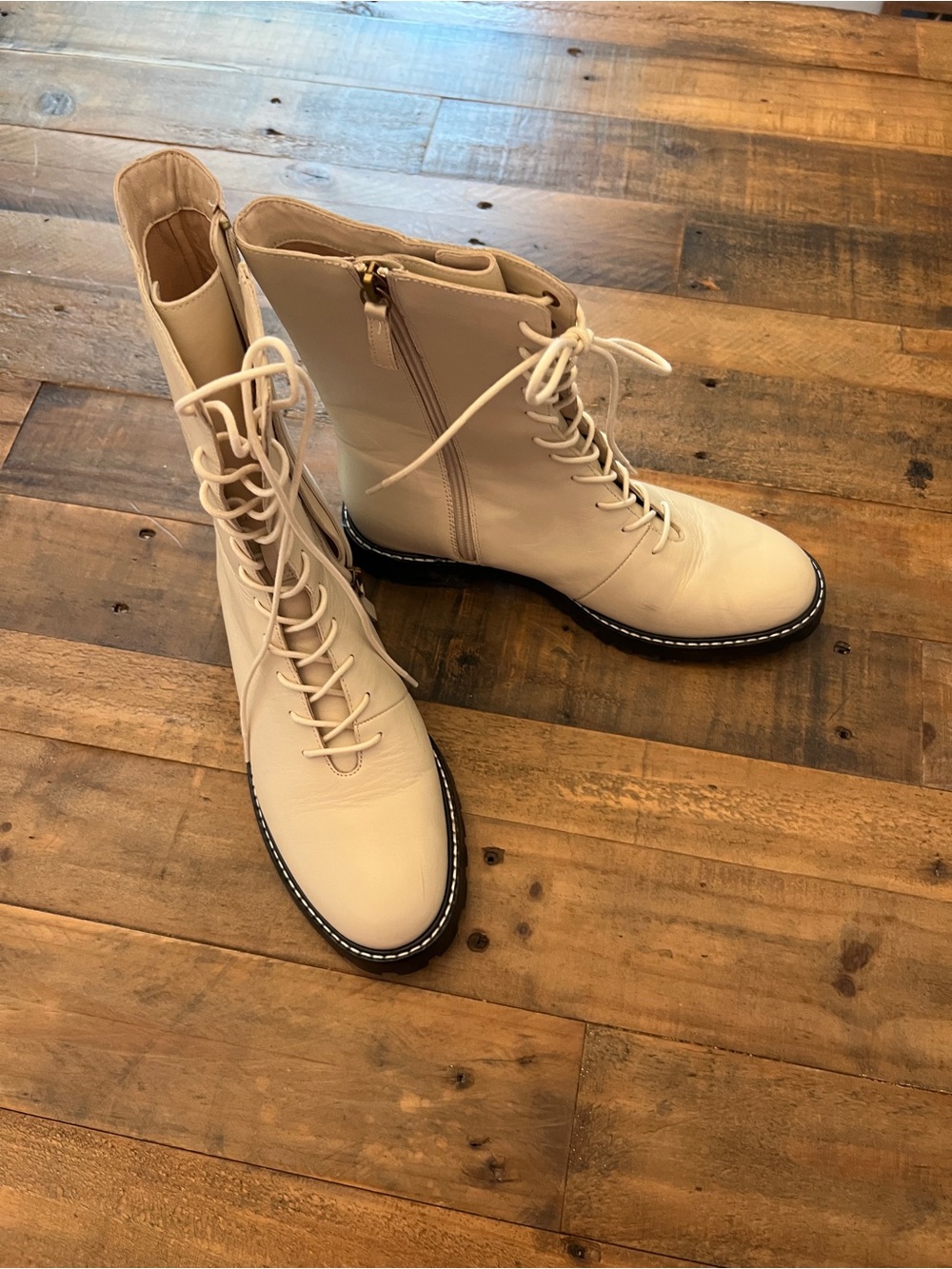 J. Crew Cream Lace-Up Combat Boots with Contrast Stitching